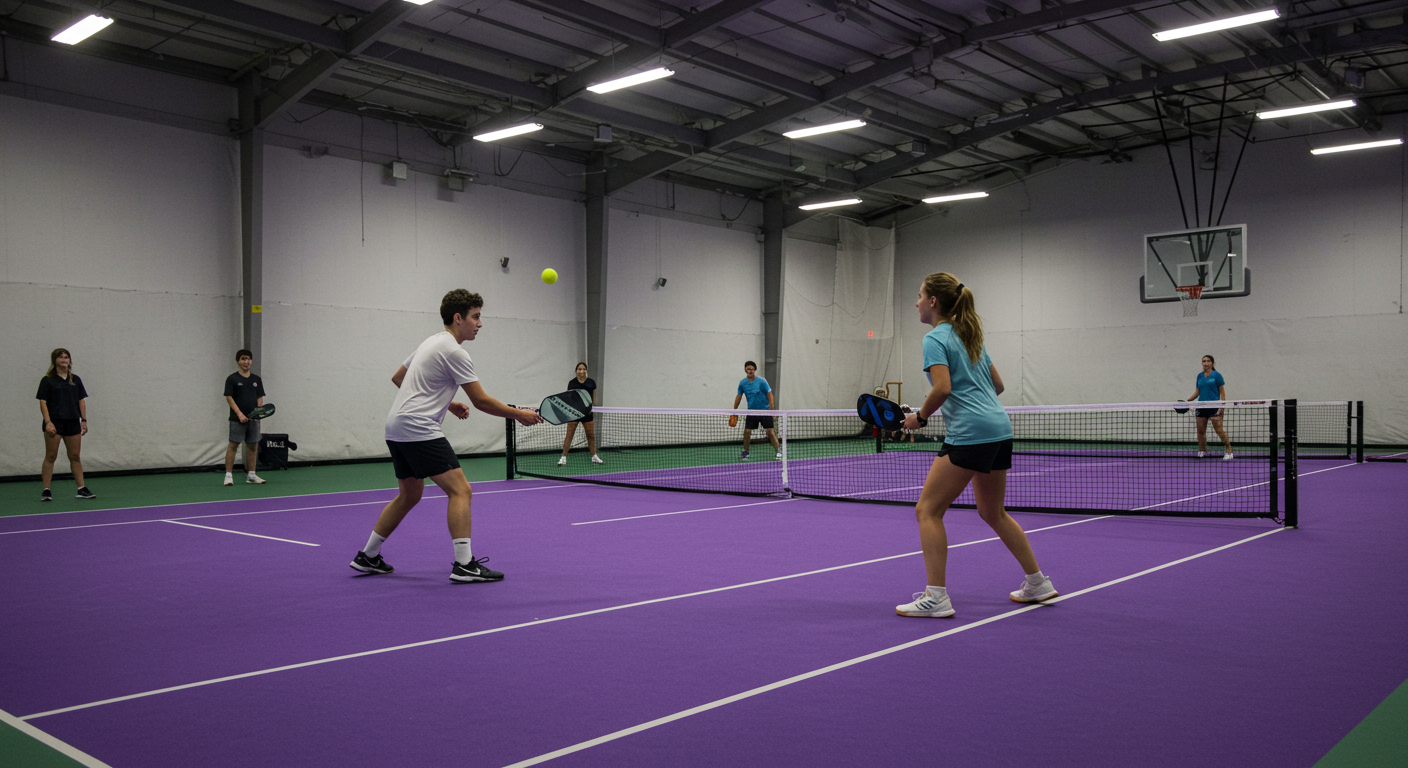 male and female playing pickleball in an indoor court